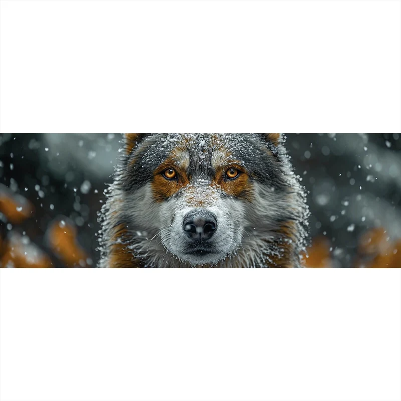 Leinwandbild Schnee bedeckter Wolf mit intensiven Augen Panorama