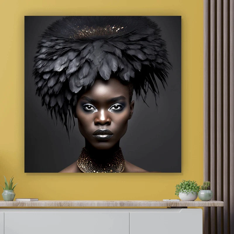 Leinwandbild Elegante Frau mit beeindruckendem Federkopfschmuck Quadrat