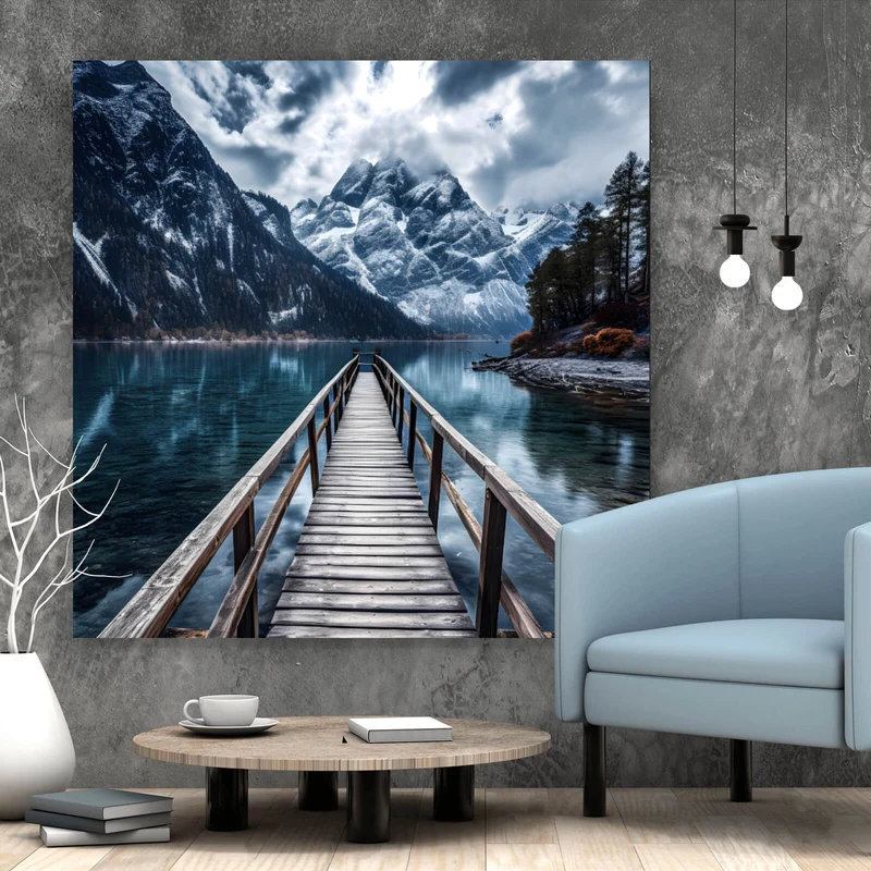 Leinwandbild Imposante Berglandschaft am See Quadrat