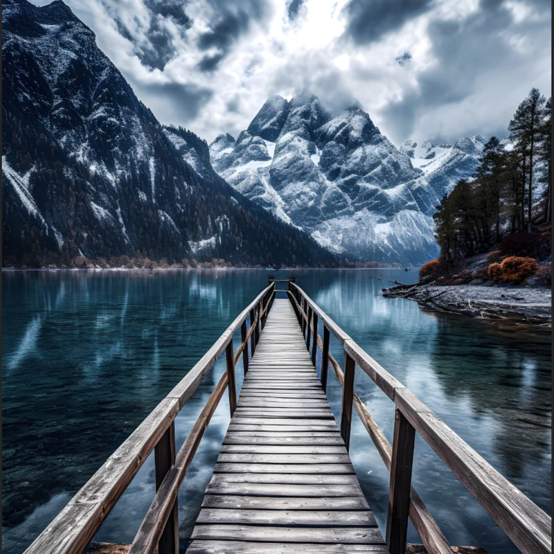 Leinwandbild Imposante Berglandschaft am See Quadrat