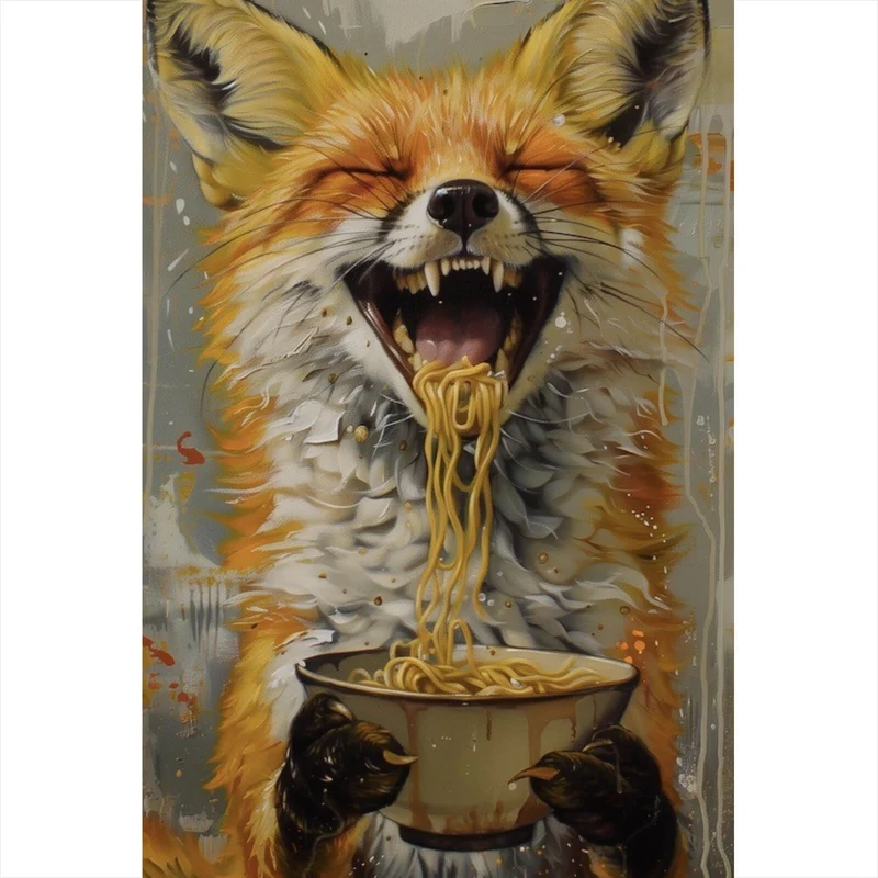 Acrylglasbild Fuchs genießt lachend eine Schüssel mit Nudeln No.2 Hochformat