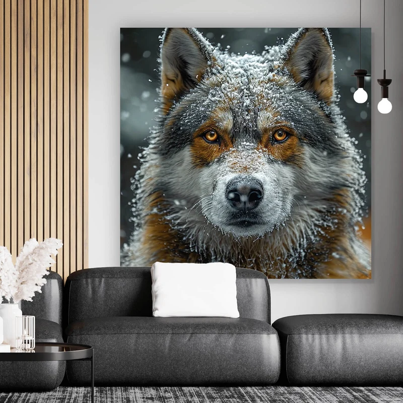 Aluminiumbild gebürstet Schnee bedeckter Wolf mit intensiven Augen Quadrat