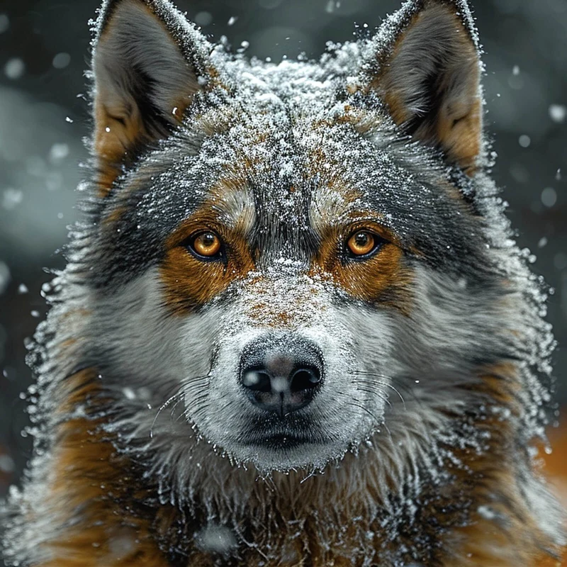 Leinwandbild Schnee bedeckter Wolf mit intensiven Augen Quadrat