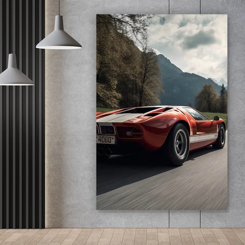 Aluminiumbild gebürstet Roter Sportwagen auf kurviger Bergstraße Hochformat
