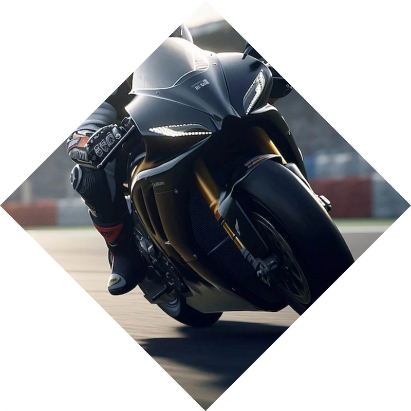 Aluminiumbild gebürstet Motorradfahrt auf der Rennstrecke bei Sonnenuntergang Raute