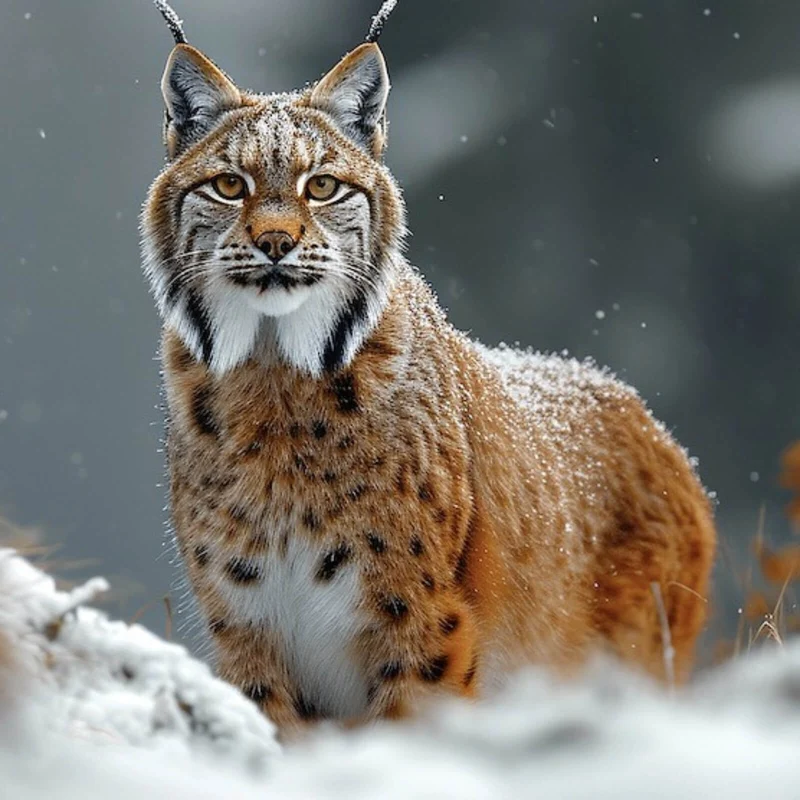 Aluminiumbild Luchs im verschneiten Winterwald No.2 Quadrat