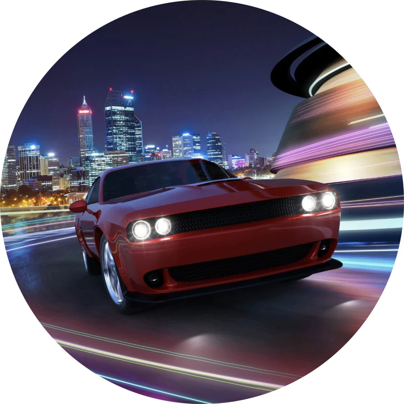 Aluminiumbild Muscle Car in der Stadt bei Nacht Kreis