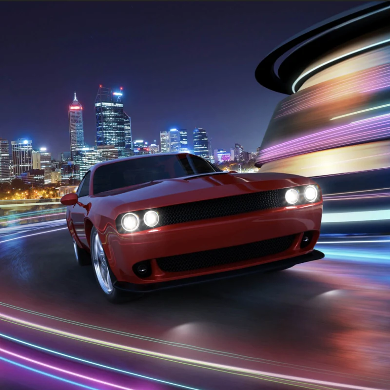 Aluminiumbild Muscle Car in der Stadt bei Nacht Quadrat