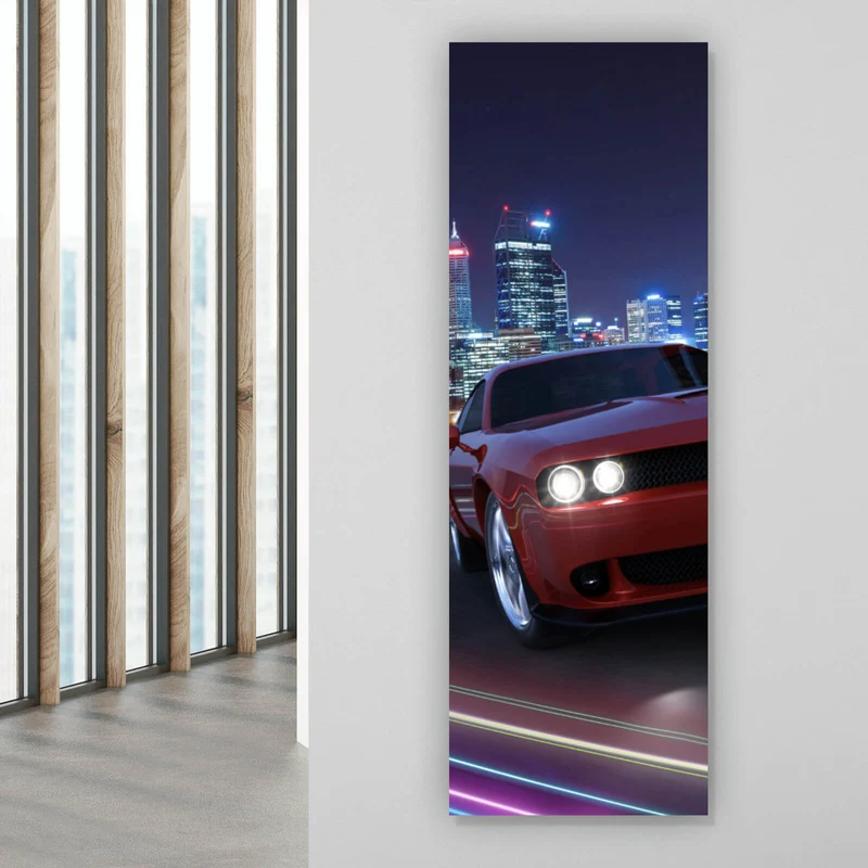 Acrylglasbild Muscle Car in der Stadt bei Nacht Panorama Hoch