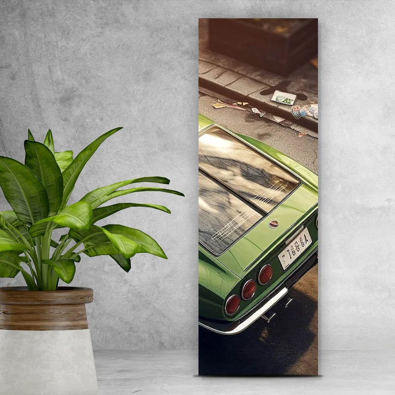 Acrylglasbild Klassischer grüner Sportwagen auf Straße Panorama Hoch