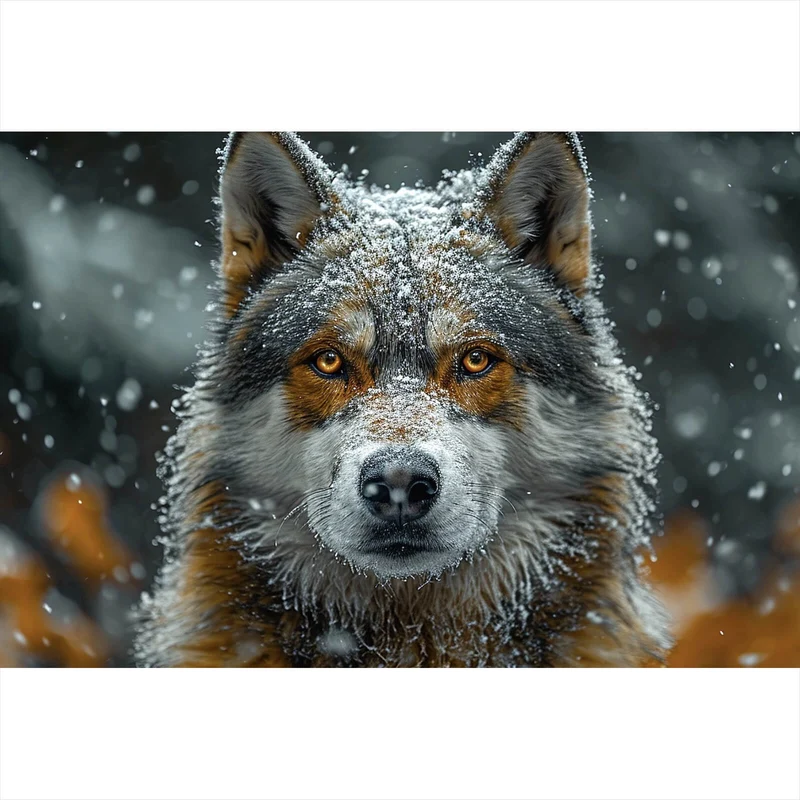 Aluminiumbild Schnee bedeckter Wolf mit intensiven Augen Querformat