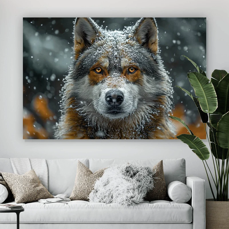 Poster Schnee bedeckter Wolf mit intensiven Augen Querformat