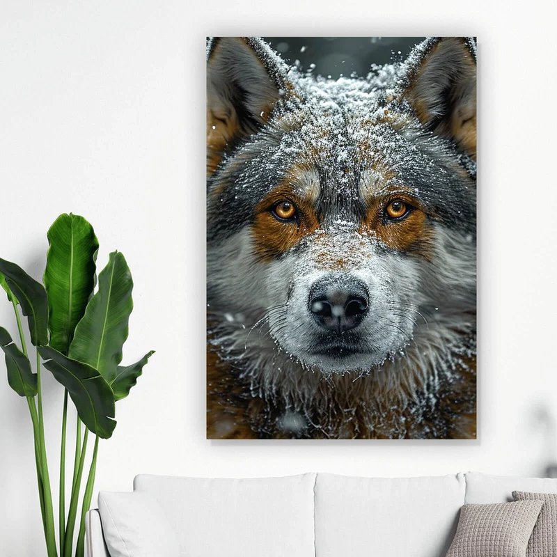 Acrylglasbild Schnee bedeckter Wolf mit intensiven Augen Hochformat