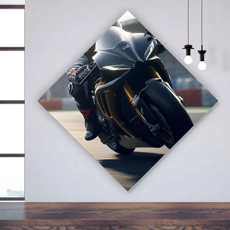 Poster Motorradfahrt auf der Rennstrecke bei Sonnenuntergang Raute