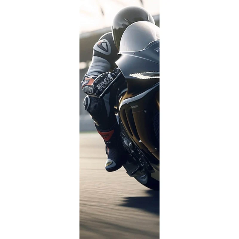 Aluminiumbild gebürstet Motorradfahrt auf der Rennstrecke bei Sonnenuntergang Panorama Hoch