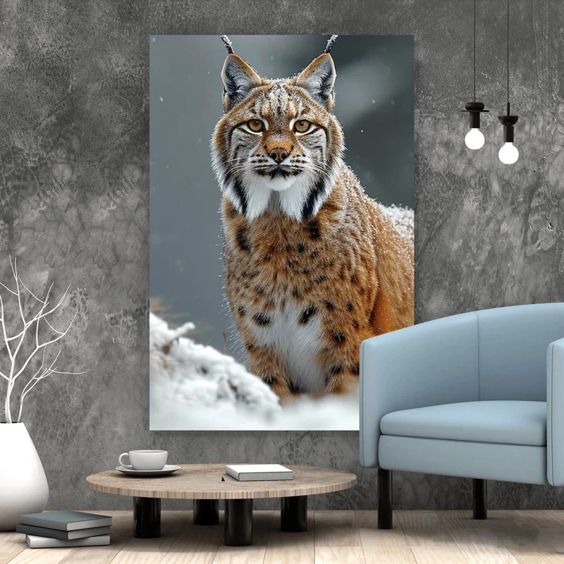 Spannrahmenbild Luchs im verschneiten Winterwald No.2 Hochformat
