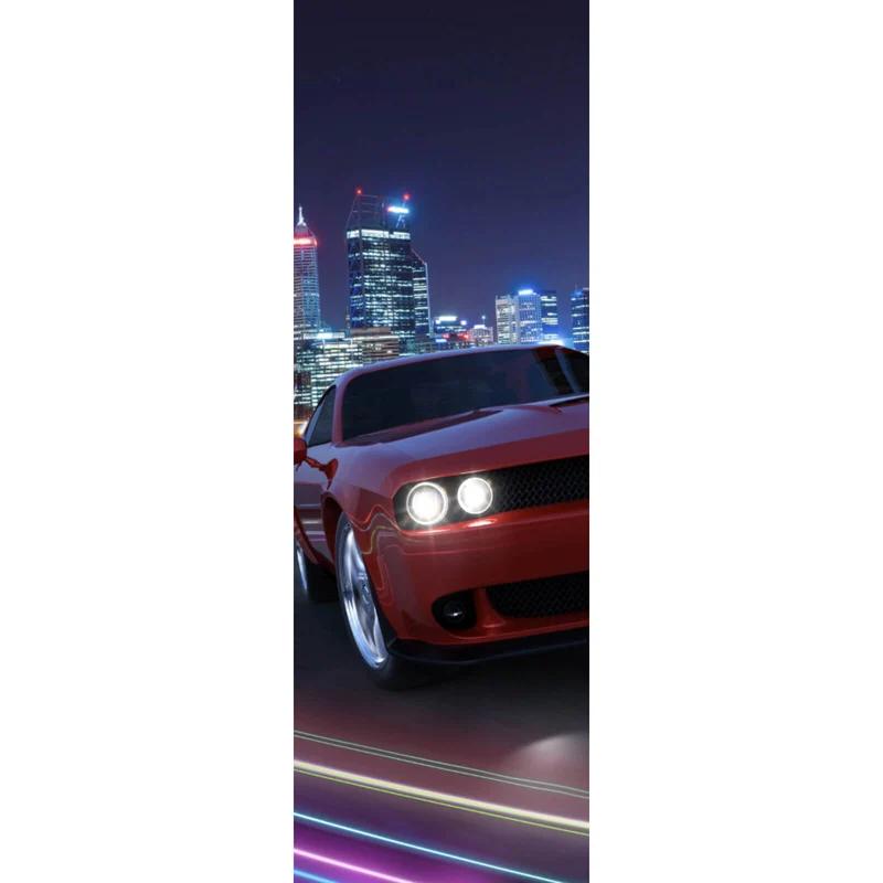 Aluminiumbild gebürstet Muscle Car in der Stadt bei Nacht Panorama Hoch
