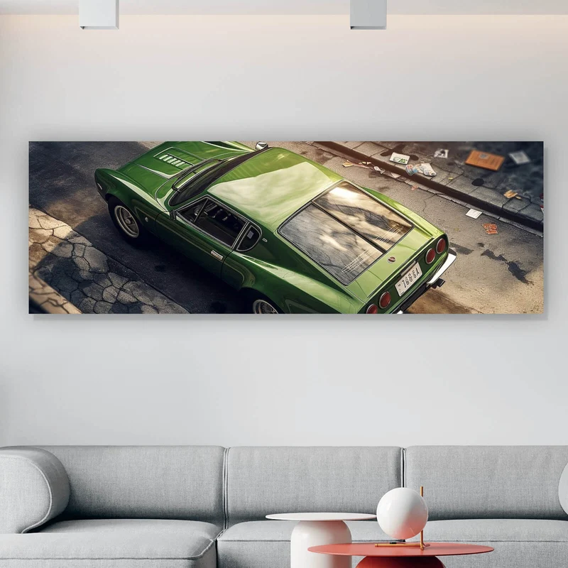 Acrylglasbild Klassischer grüner Sportwagen auf Straße Panorama