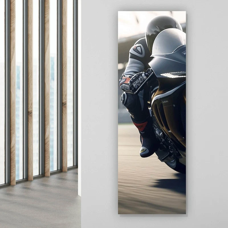 Poster Motorradfahrt auf der Rennstrecke bei Sonnenuntergang Panorama Hoch