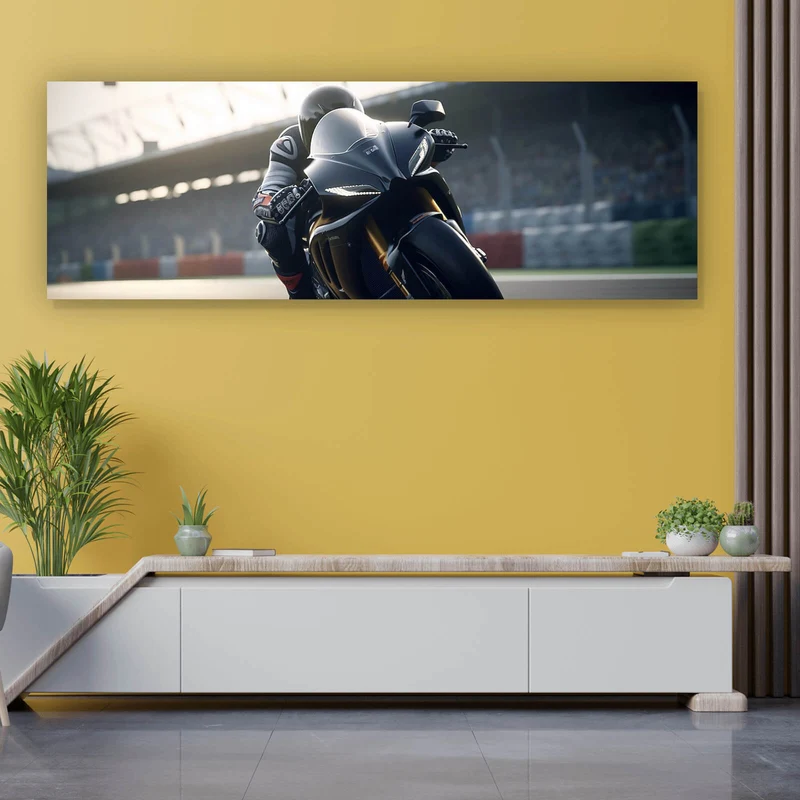 Acrylglasbild Motorradfahrt auf der Rennstrecke bei Sonnenuntergang Panorama