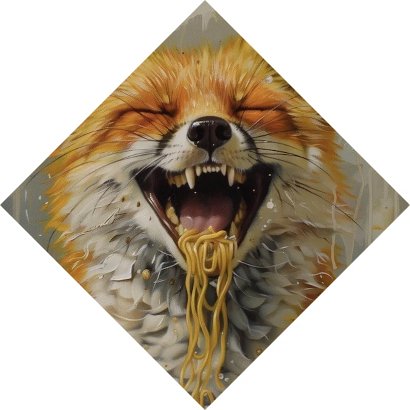 Poster Fuchs genießt lachend eine Schüssel mit Nudeln No.2 Raute