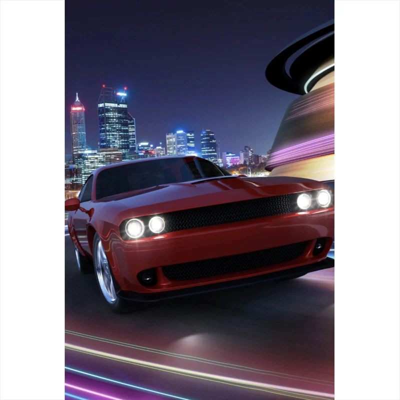 Spannrahmenbild Muscle Car in der Stadt bei Nacht Hochformat