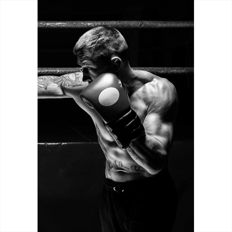 Acrylglasbild Boxer im Training Schwarz Weiß Hochformat