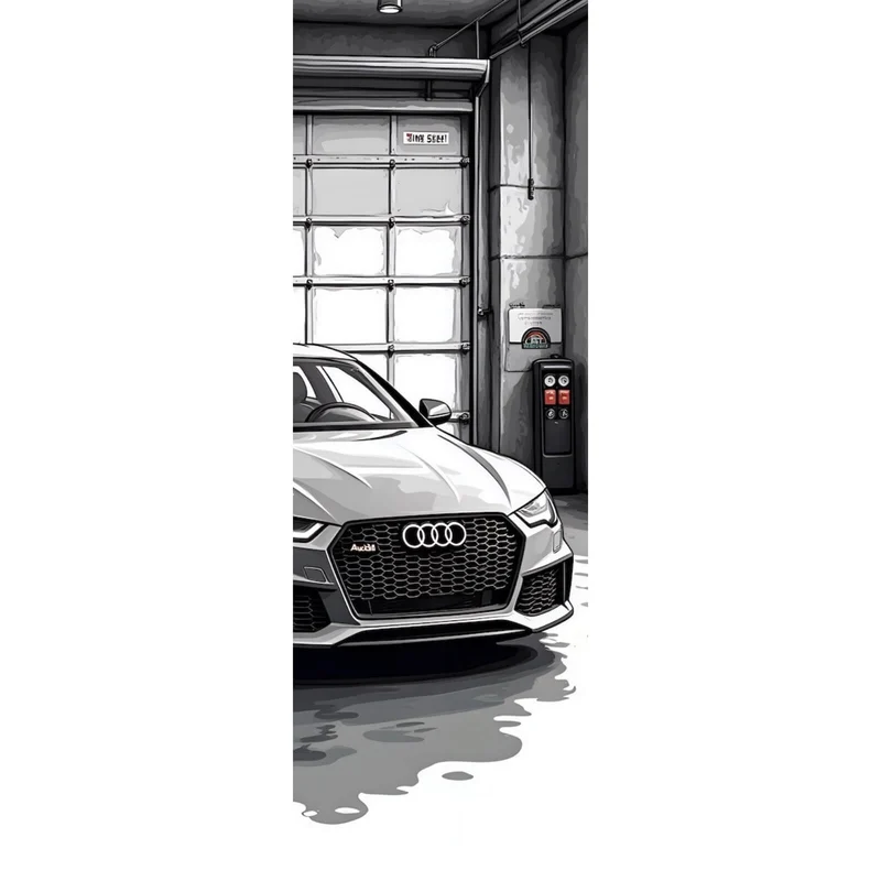 Aluminiumbild gebürstet Sportwagen in einer Werkstatt vor Garagentor Panorama Hoch