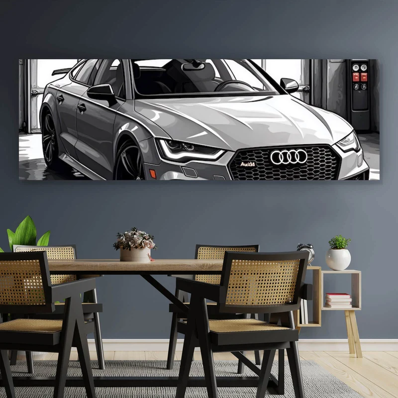 Aluminiumbild Sportwagen in einer Werkstatt vor Garagentor Panorama