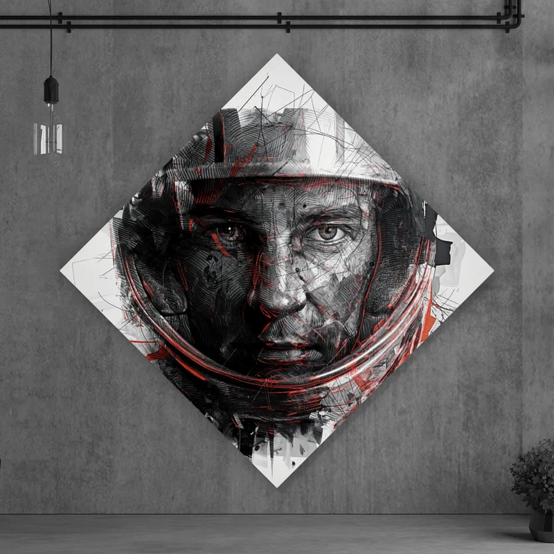 Aluminiumbild Gesicht mit Helm in abstrakter Kunst dargestellt Raute