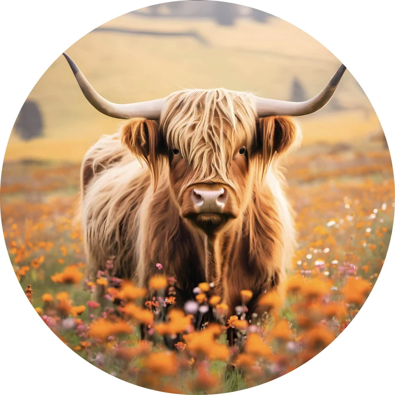 Aluminiumbild gebürstet Highland Rind auf der Weide Kreis