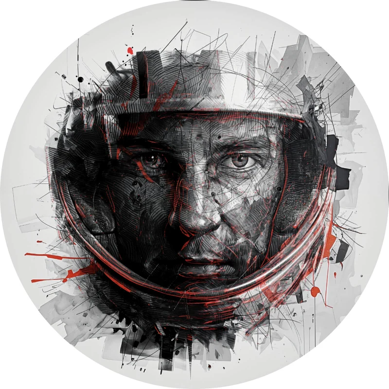 Aluminiumbild gebürstet Gesicht mit Helm in abstrakter Kunst dargestellt Kreis