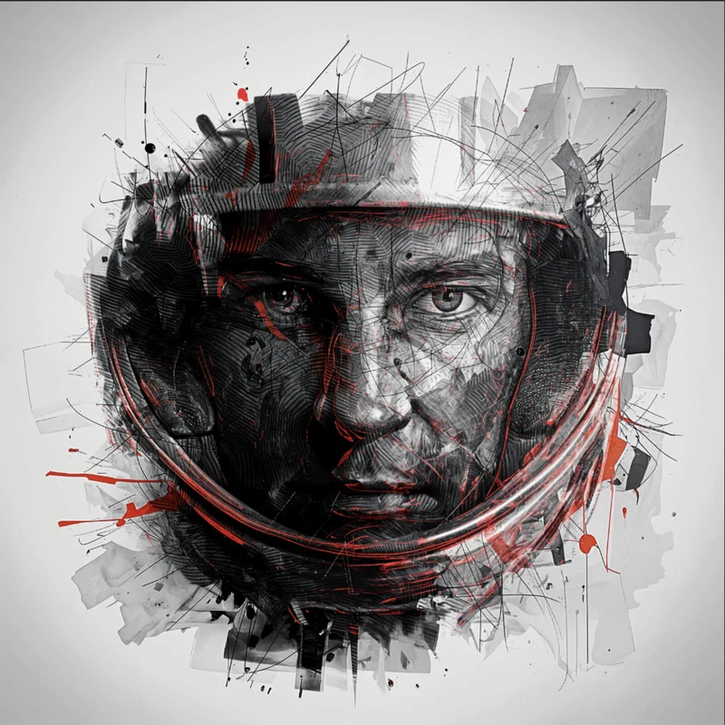 Aluminiumbild Gesicht mit Helm in abstrakter Kunst dargestellt Quadrat