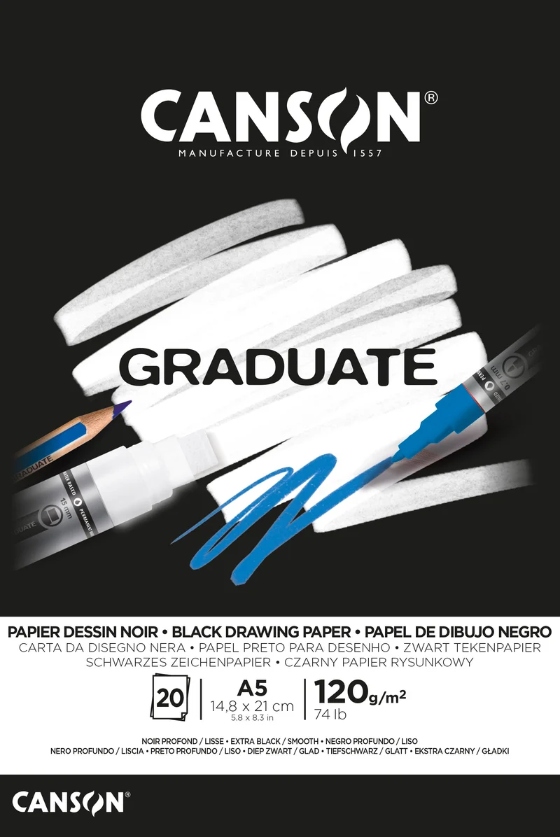 CANSON Graduate черен скицник 120 g/m² 20л A5 с лепене