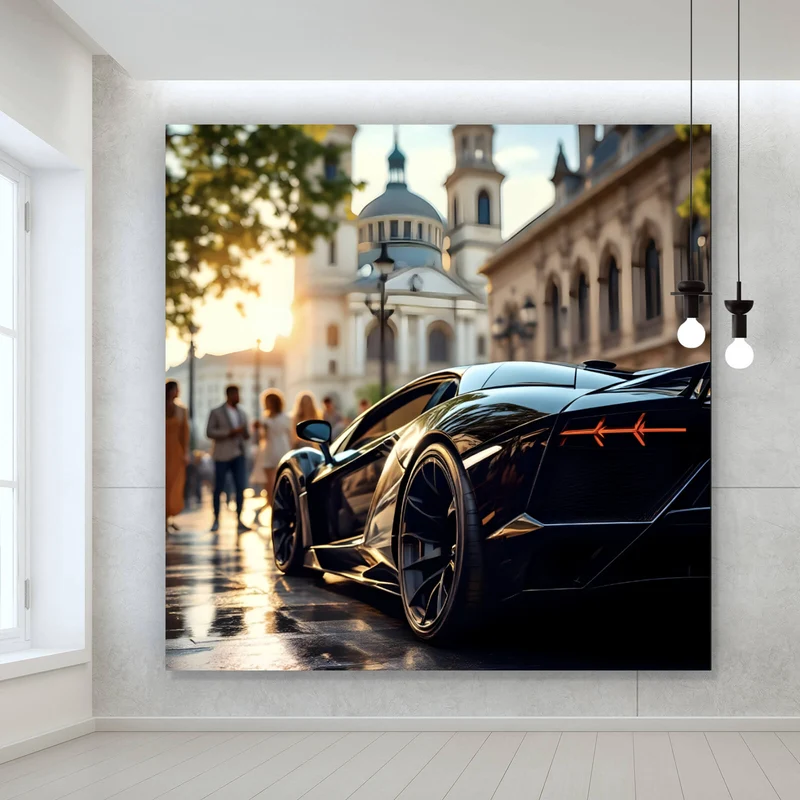 Aluminiumbild Eleganter Sportwagen in der Stadt Quadrat