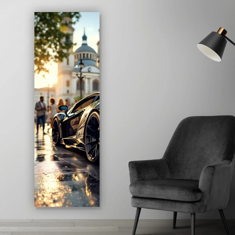 Acrylglasbild Eleganter Sportwagen in der Stadt Panorama Hoch
