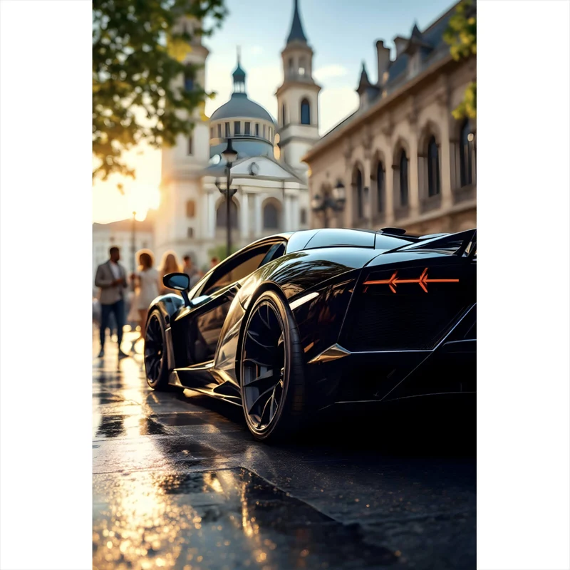 Spannrahmenbild Eleganter Sportwagen in der Stadt Hochformat