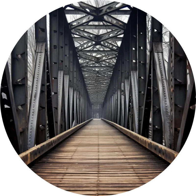 Aluminiumbild gebürstet Mystische Stahlbrücke in die Ferne Kreis