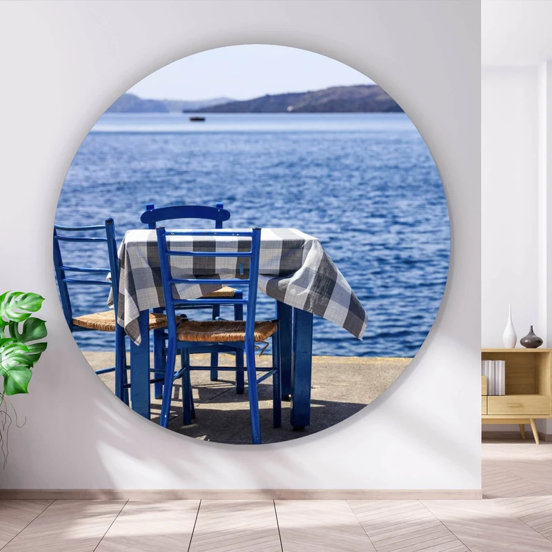 Aluminiumbild gebürstet Blauer Tisch am Meer Kreis