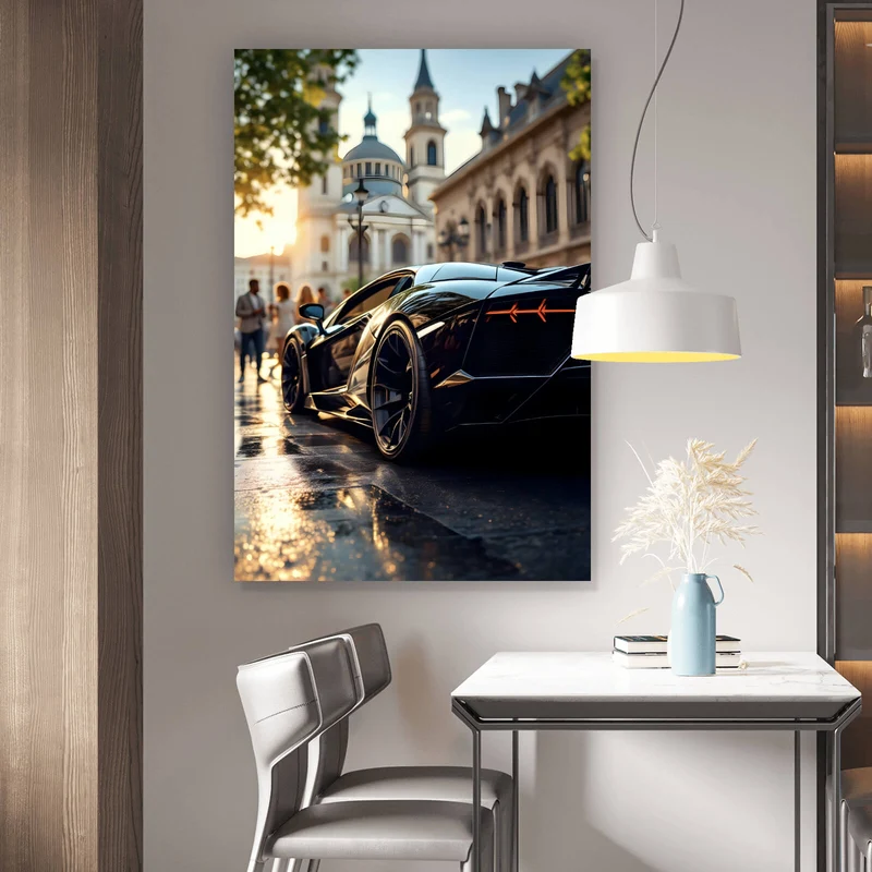 Poster Eleganter Sportwagen in der Stadt Hochformat