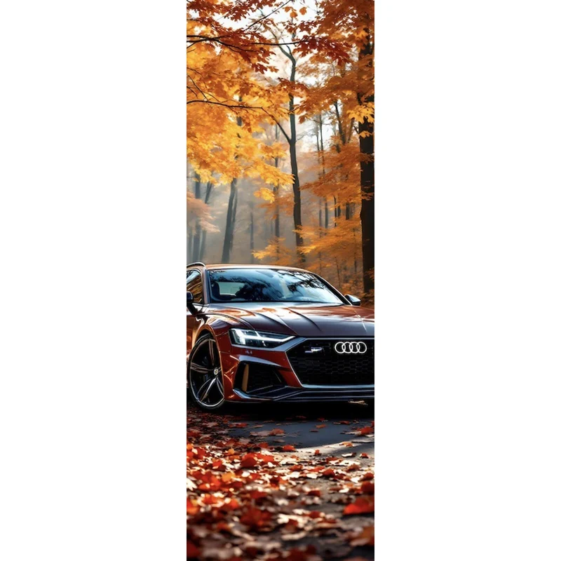 Acrylglasbild Elegantes Auto in herbstlicher Waldlandschaft Panorama Hoch