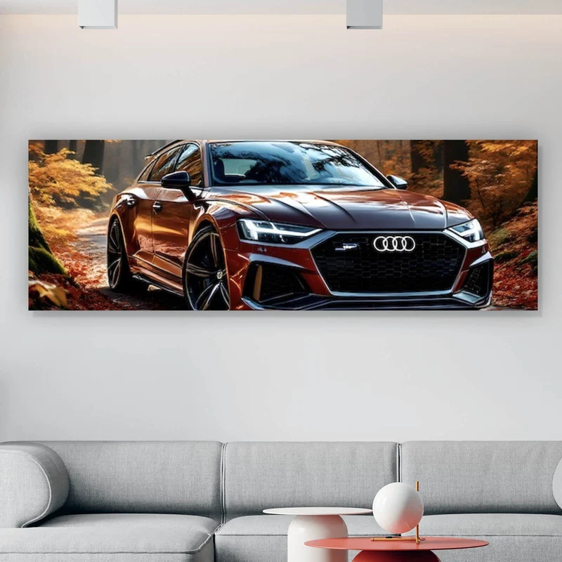 Aluminiumbild gebürstet Elegantes Auto in herbstlicher Waldlandschaft Panorama