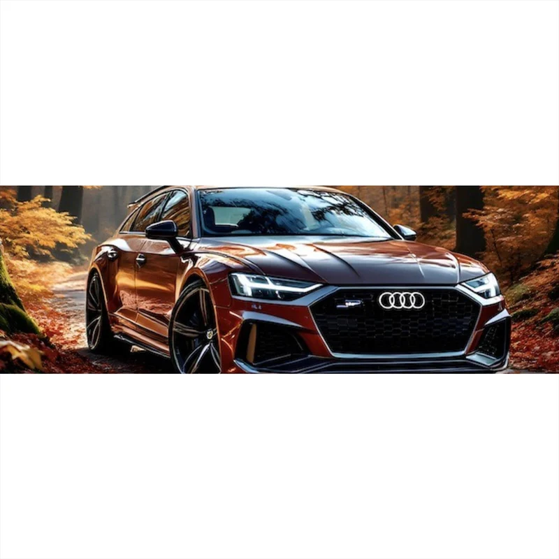 Aluminiumbild Elegantes Auto in herbstlicher Waldlandschaft Panorama