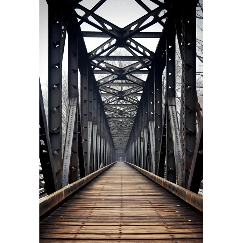 Leinwandbild Mystische Stahlbrücke in die Ferne Hochformat