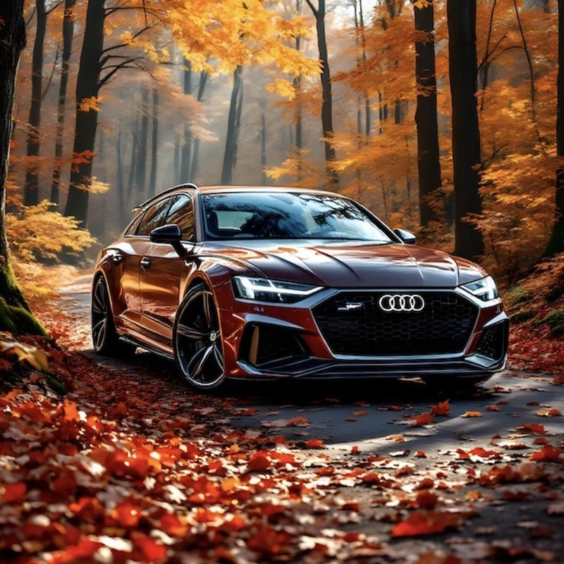Aluminiumbild Elegantes Auto in herbstlicher Waldlandschaft Quadrat