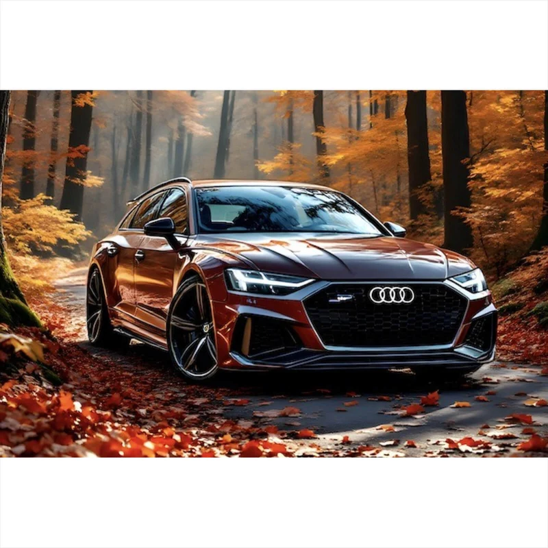 Leinwandbild Elegantes Auto in herbstlicher Waldlandschaft Querformat