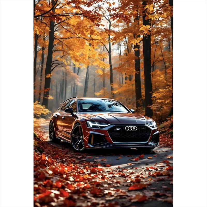 Aluminiumbild gebürstet Elegantes Auto in herbstlicher Waldlandschaft Hochformat