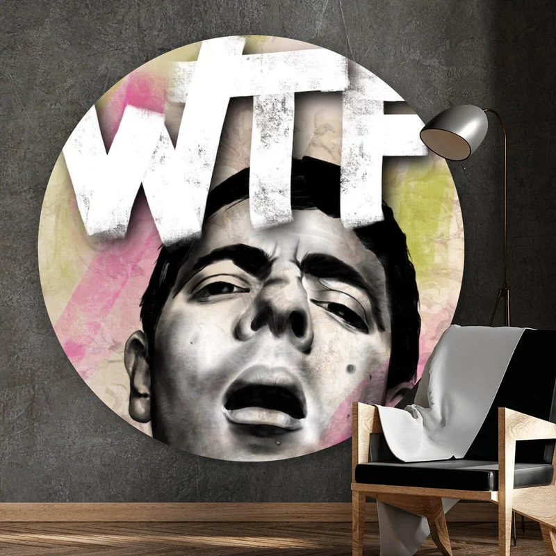 Aluminiumbild Ausdrucksstarke Illustration mit großem WTF Schriftzug Kreis