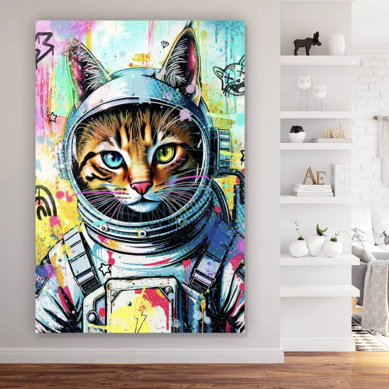 Aluminiumbild gebürstet Bunte Astronautenkatze mit Pop Art Hintergrund Hochformat