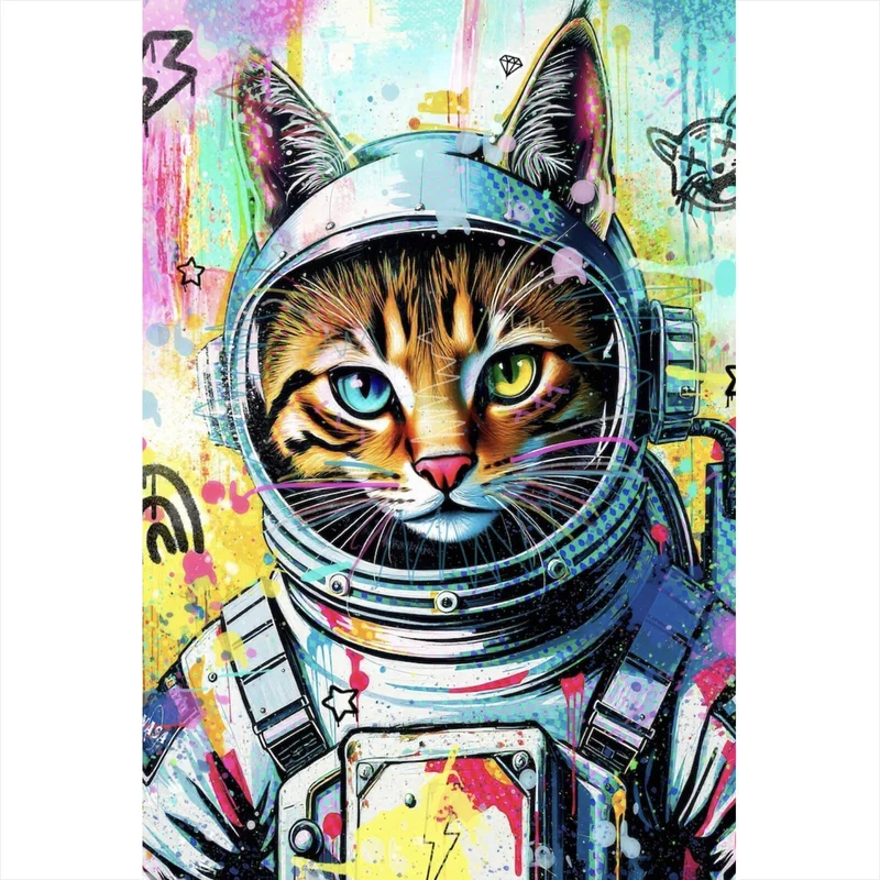 Aluminiumbild Bunte Astronautenkatze mit Pop Art Hintergrund Hochformat